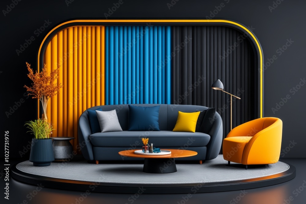 Poster digital 3d model of a custom-designed living room, where customers can select furniture, color schem