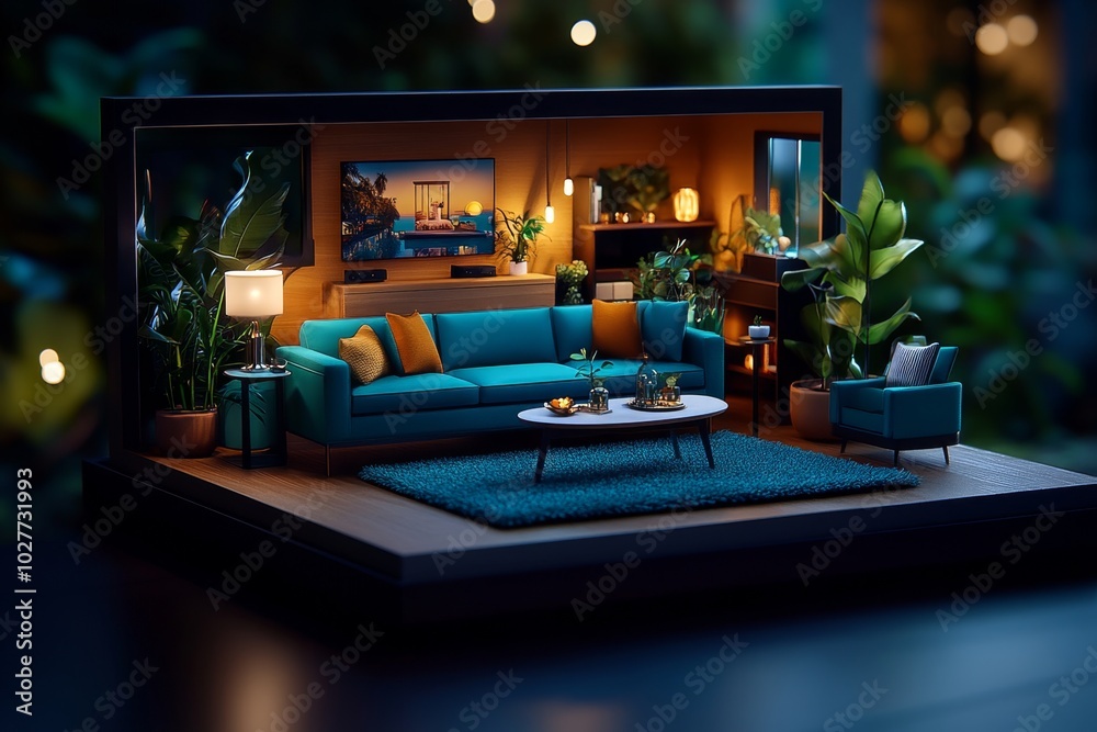 Poster digital 3d model of a custom-designed living room, where customers can select furniture, color schem