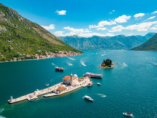 Aerial drone view of Sveti Dorde Island - Saint George Monastry in the middle of the island. In...