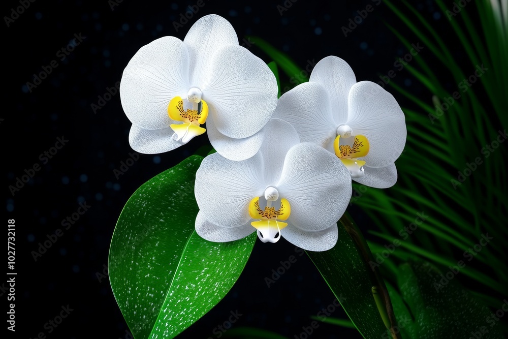 Poster digital 3d model of an orchid plant, with detailed petals and leaves, rendered in a virtual space wh