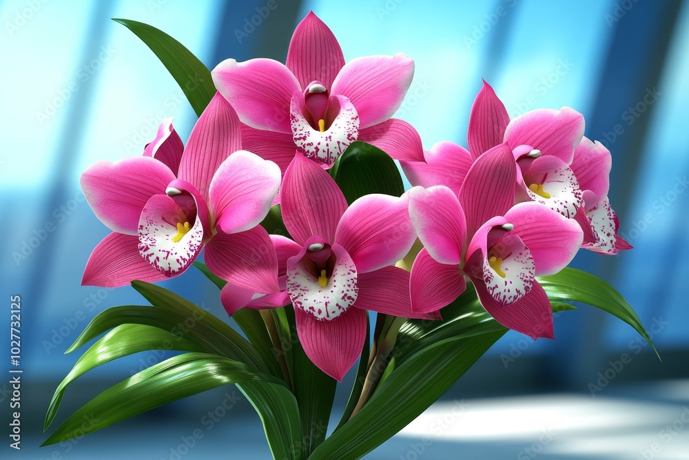 Poster digital 3d model of an orchid plant, with detailed petals and leaves, rendered in a virtual space wh
