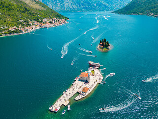 Aerial drone view of Sveti Dorde Island - Saint George Monastry in the middle of the island. In...