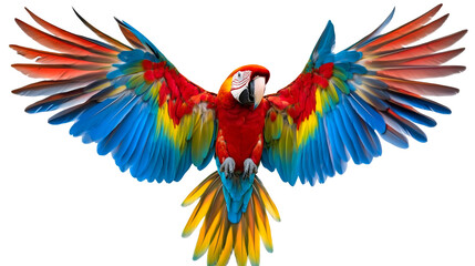 Obraz premium A colorful macaw with a wide wingspan isolated on a transparent background, PNG 