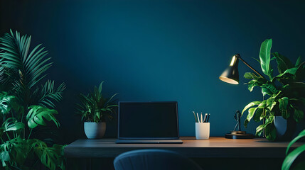 A cozy workspace featuring a laptop, desk lamp, and lush plants against a dark blue wall.