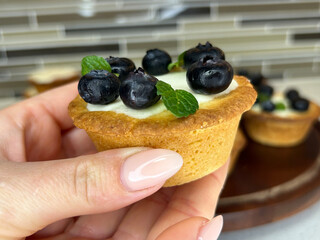 A delicate blueberry tartlet is held in hand, showcasing its crisp, buttery crust, creamy vanilla filling, and fresh blueberry topping. The pop of mint adds a refreshing twist to the look.