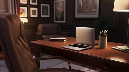 Fototapeta premium A modern office space featuring a desk, laptop, and comfortable seating.