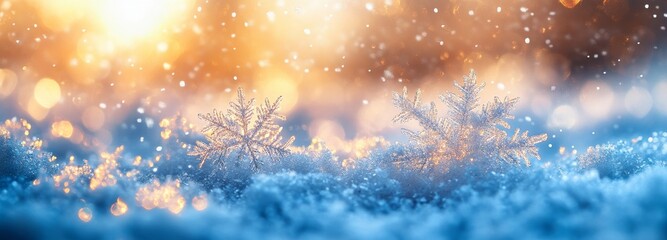 Naklejka premium Close-up of a sparkling snowflake resting on a bed of snow. It is backlit by a bright warm light.