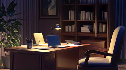 Fototapeta premium A cozy office space with a desk, laptop, and bookshelves, illuminated by a desk lamp.