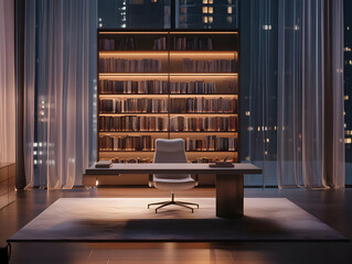 A modern office space with a sleek desk and a bookshelf, illuminated at night.