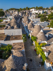 Aerial view of Alberobello town in Puglia region, Italy. 

