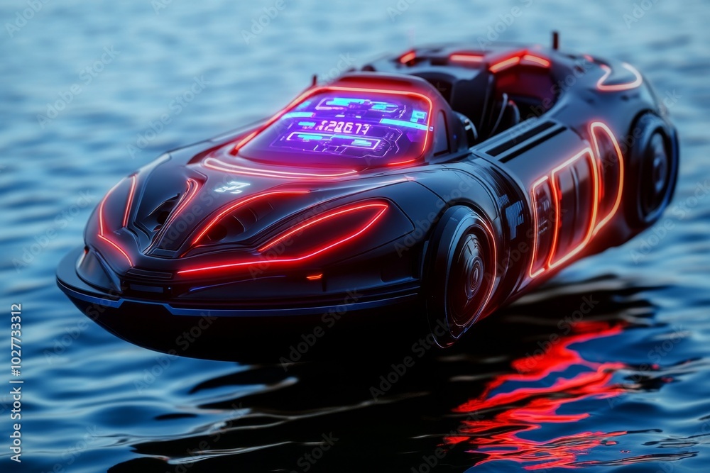 Poster hovering boat with a magnetic propulsion system, floating effortlessly above the surface of a futuri