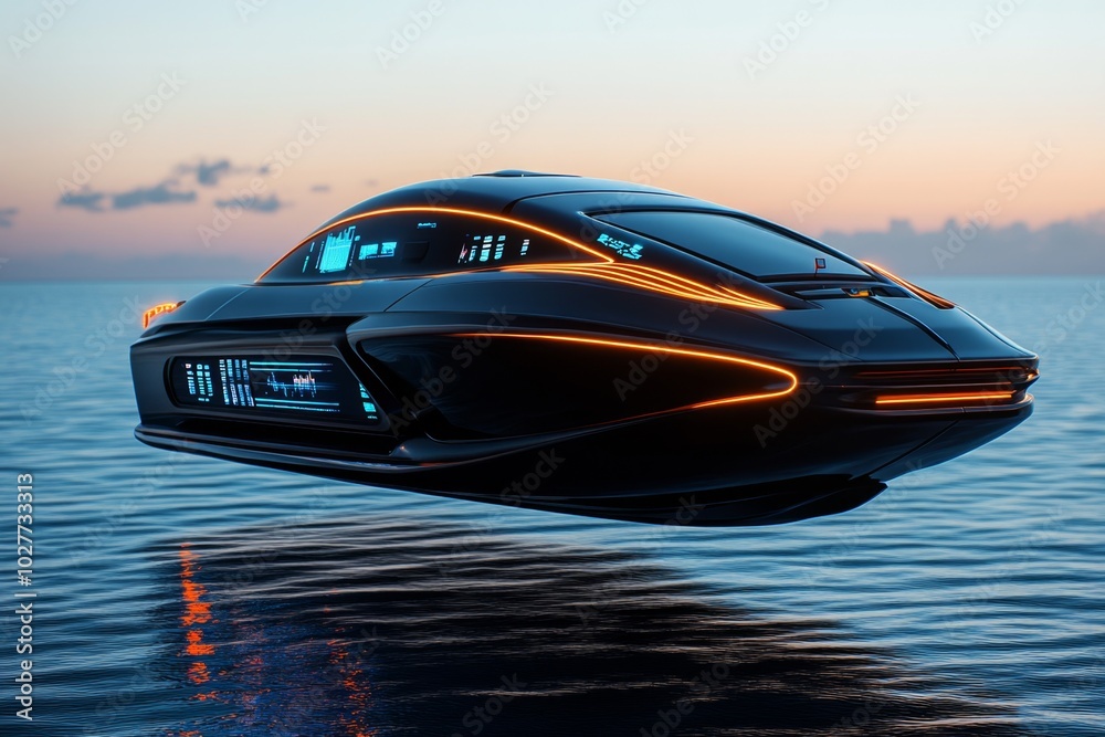 Poster hovering boat with a magnetic propulsion system, floating effortlessly above the surface of a futuri