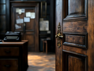 Obraz premium A close-up of an ornate wooden door leading to a vintage office space.