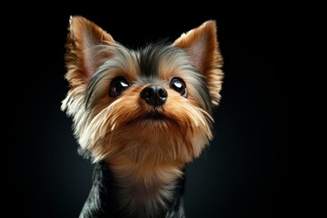 Fototapeta premium Hyper-realistic close-up of a Yorkshire Terrierâ€™s face, showing every detail of its shiny coat, wet nose, and bright eyes, capturing the texture and beauty of the dogâ€™s features