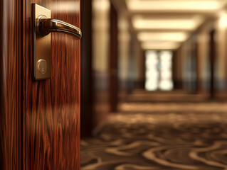 Obraz premium A close-up of a wooden door handle leading to a softly lit hotel corridor.