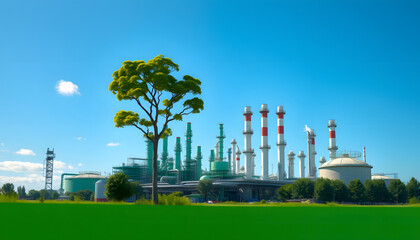 Obraz premium Green petrochemical Industrial, Refinery plant with tree blue sky. Green industry eco production for sustainable saving environmental friendly low carbon footprint concept isolated with white highli