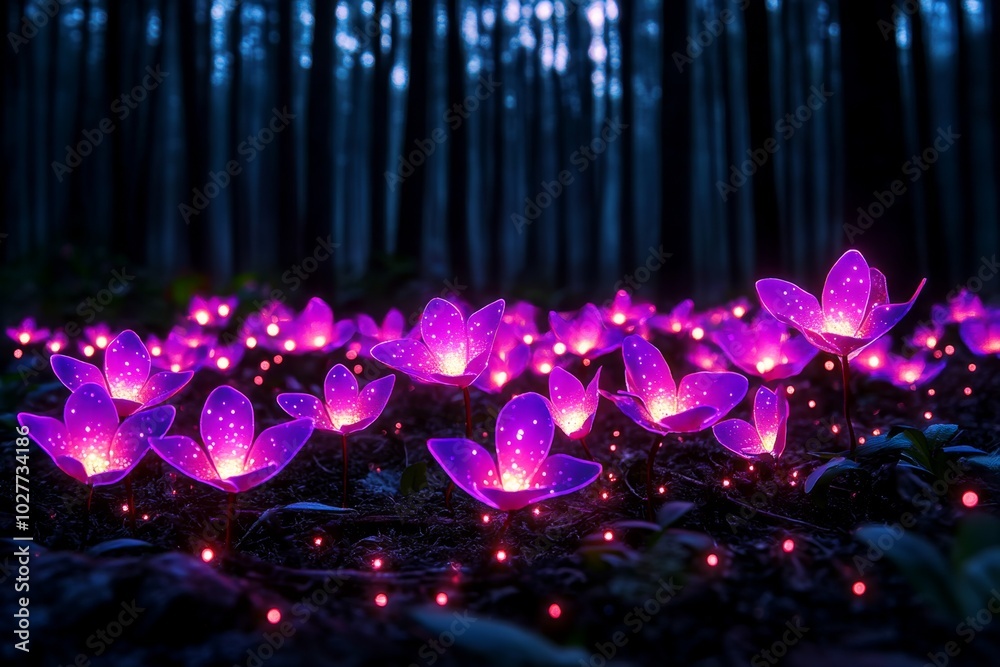 Poster magical glowing orchids in an enchanted forest, with their petals softly emitting light, illuminatin