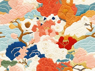 Seamless Realistic Japanese Embroidery Texture Pattern with Floral