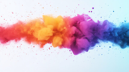A vibrant display of colorful smoke blending together in shades of red, orange, yellow, purple, and blue, set against a white background, creating an abstract visual effect.