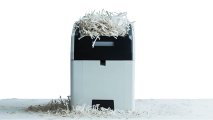 A compact paper shredder with visible shredded paper isolated on a transparent background, PNG 