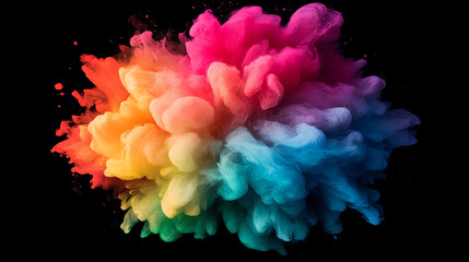 Fototapeta premium A vibrant explosion of colorful smoke, showcasing a blend of pink, orange, yellow, green, and blue hues. Perfect for creating striking backgrounds or artistic designs.