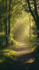 Fototapeta premium Serene forest path illuminated by soft sunlight and surrounded by lush greenery