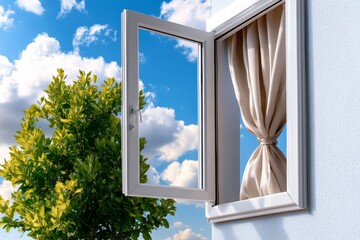 Open window letting in a cool morning breeze, with the curtains gently billowing and the person waking up to the refreshing scent of nature, feeling invigorated