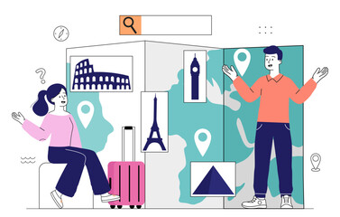 Choice of travel. Man and woman near map and silhouette of landmarks. Traveling around Europe. Holiday and vacation. Trip and tourism. Linear vector illustration