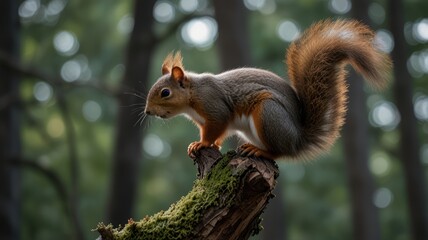 Obraz premium A red squirrel perched on a moss-covered tree trunk in a forest, looking to the side.