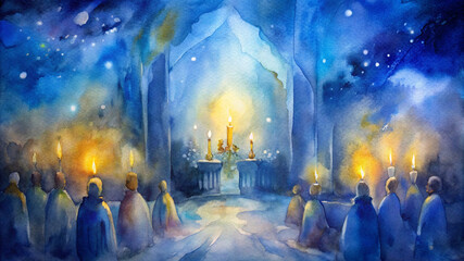 Watercolor depiction of a Christmas service with candlelight and a serene atmosphere
