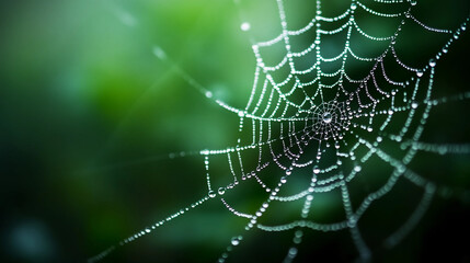 Spider Web with Dew Drops in Front of Blurred Green Background