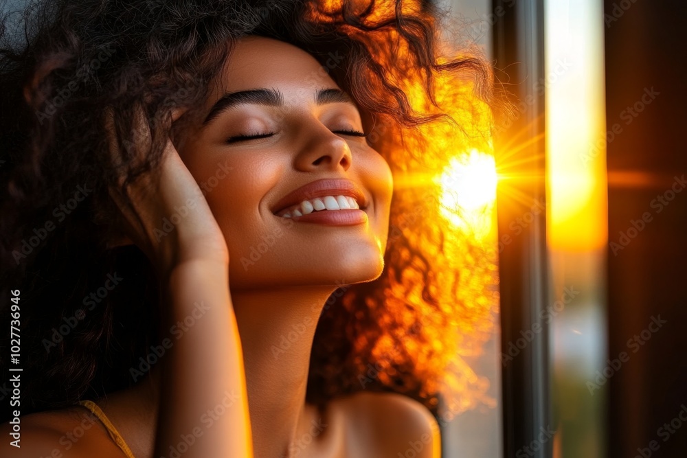 Poster person waking up to soft sunlight streaming through the window, their face illuminated with a peacef