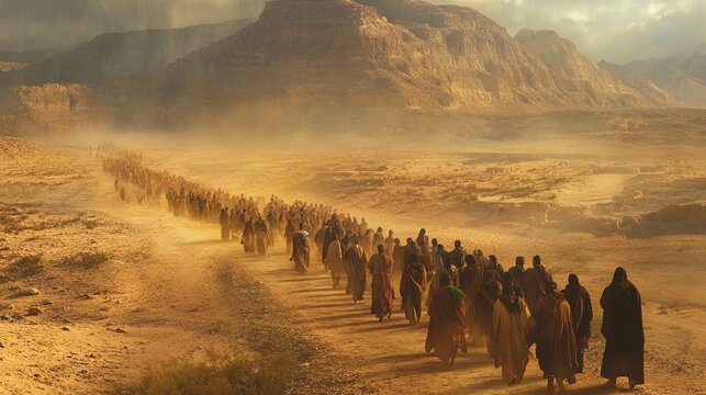 Moses leading the Israelites through the desert, vast and barren landscape, manna falling from the sky, people gathering food, high-definition, miraculous provision, spiritual journey