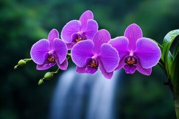 Naklejka premium Purple orchids blooming alongside a peaceful waterfall, with the mist from the water lightly coating their petals, creating a magical, tropical scene