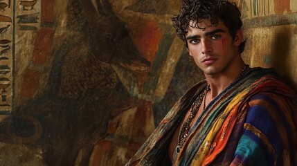 Portrait of Joseph in his coat of many colors, youthful and handsome, vibrant and rich fabric draped over his shoulders, confident and wise expression, Egyptian palace background