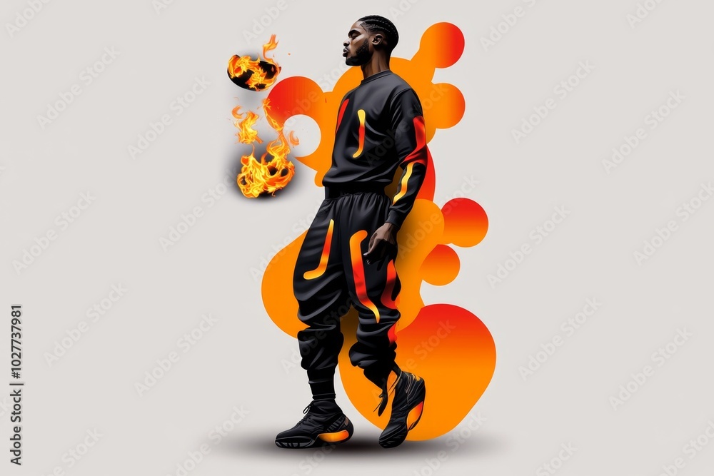 Poster simple illustration of a person juggling fire, with bold lines and minimal details, emphasizing the 