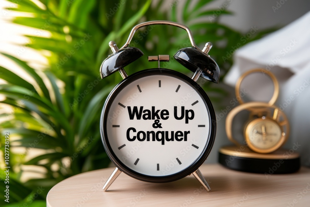 Poster Single alarm clock on a nightstand, with the simple text â€œWake Up & Conquerâ€ displayed in bold letters, against a clean, minimalist background