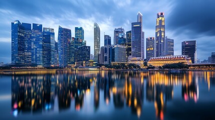 Skyscrapers in a modern city skyline at dusk, illuminated by warm lights, vibrant city life, reflection in the river, contemporary architecture, high-resolution details, night scene