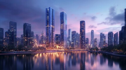 Obraz premium Skyscrapers in a modern city skyline at dusk, illuminated by warm lights, vibrant city life, reflection in the river, contemporary architecture, high-resolution details, night scene