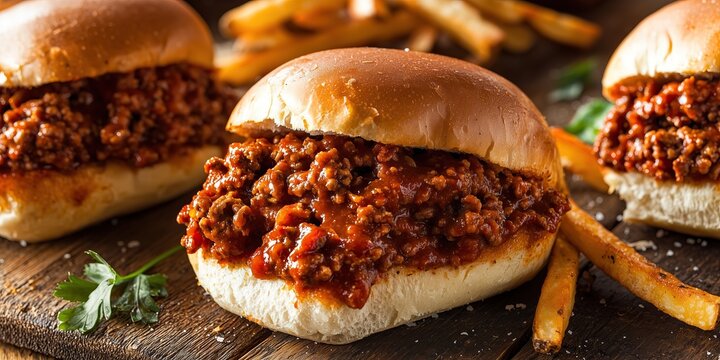 Close up of sloppy joes with fries on wooden table fast food photography