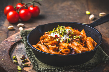 Pasta rigatoni with radicchio, pistachios, ricotta and chili
