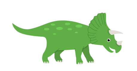 Concept of dinosaur. Green triceratops. Prehistoric wild animal. Wildlife and fauna. Dino with horn. Poster or banner for website. Flat vector illustration