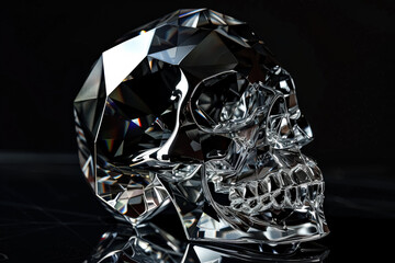 Clear skull is sitting on a black background. The skull is made of glass and has a shiny, reflective surface. The image has a mysterious and eerie mood, as the skull is a symbol of death