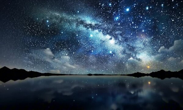 Starry night sky with glowing stars and cosmic clouds in a deep blue atmosphere and copy space
