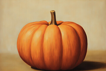 Large orange pumpkin on a beige background. Realistic painting style.
