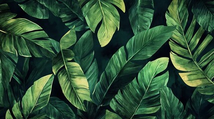 A lush, tropical background featuring large, green banana leaves arranged in a random pattern. The leaves overlap and create a sense of depth and texture, with a dark green background.