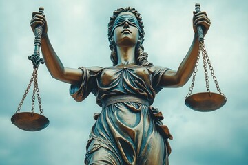 Bronze statue of lady justice holding scales up high representing law, justice and courts