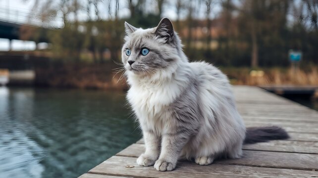 Fluffy blue-eyed cat sitting peacefully by the lake on a wooden pier