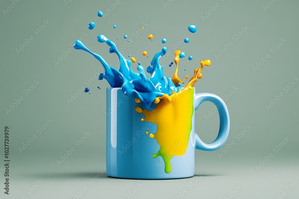 Poster watercolor depiction of a custom coffee mug, with playful splashes of color representing the custome