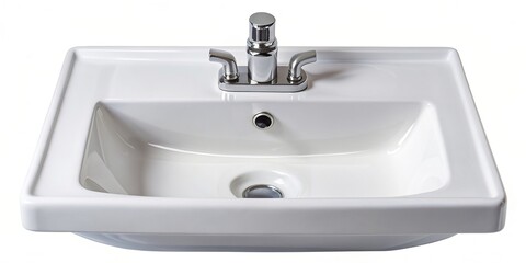 A white ceramic sink wash basin for the bathroom is depicted in this stock photo isolated on a background with a bird s eye view, interior design, elegant, sink,white, faucet, bathroom